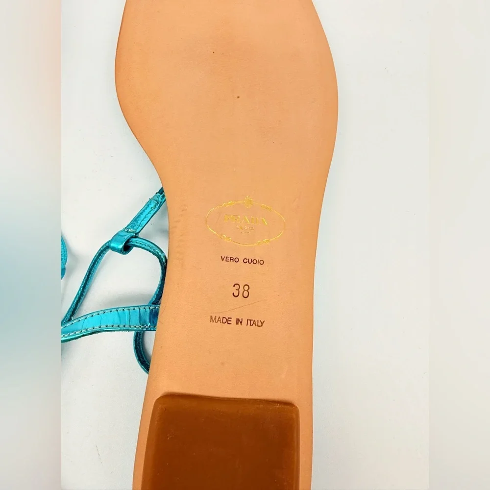 Prada Metallic Blue/ Turquoise patent leather T- strap Thong flat sandals EU 38 - Picture 8 of 9